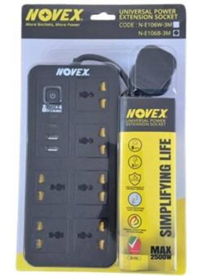 NOVEX N-E106B-3M 6-Way Universal Extension Socket with 2 USB-A + 2 USB-C | 3 Meter Heavy-Duty Cable | Black - Image 1